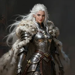 beautiful portrait of a gorgeous female barbarian with white hair, pale blue eyes, looking at camera, D&D, fur cape, full body plated armor, long wild spiky hair, cocky smirk, intricate outfit, elegant, stylish, fantasy, dark fantasy, epic fantasy, extremely detailed, digital painting, artstation, concept art, HD, 8k, smooth, sharp focus, illustration, stunning lighting, art by artgerm and greg rutkowski and alphonse mucha and simon stalenhag, fully clothed, fully dressed