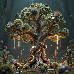 a macro photo of an ancient tree made from cables and bio - organic micro organisms and metal parts and led growing in a mystical setting, cinematic, beautifully lit, by tomasz alen kopera and peter mohrbacher and craig mullins, 3 d, trending on artstation, octane render, 8 k