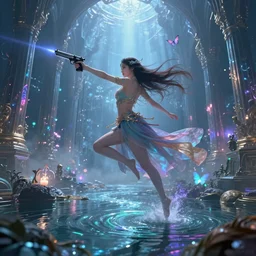 Long Shot of ciri in mysterious astral temple  jumpin with pistol in river of chromatic SPIRITS , beautiful, dmt, trending on artstation, omnious, soft, hypermaximalistic, high details, cinematic, 8k resolution, artwork by Wong, Liam