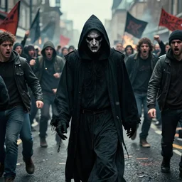 photo of the sinister tired grim reaper walking among angry rioters, riots, violent protests, angry mob, establishing shot, hyper detailed, realistic, cinematic, anamorphic