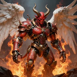 angry mechanical steampunk cyborg devil red skin satan horns with white! angel wings flames and fire ivan aivazovsky