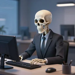 a skeleton wearing a business suit is working in an office late in the evening, comic book art, by yoji shinkawa and takehiko inoue and kim jung gi, masterpiece, perfect