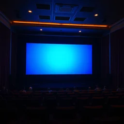 big flat cinema screen shining bright blue and darkness around it, still from movie 1 9 8 4
