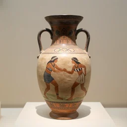 A museum display of a clay vase, painted with images of Amazon women competing in olympic games