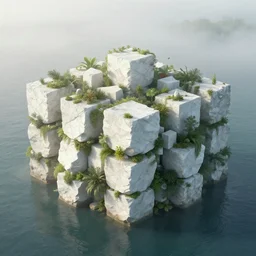 an island made of perfect white rock cubes with overgrown plants, concept art, trending on artstation, by greg rutkowski, cinematic, morning fog, surrounded by water