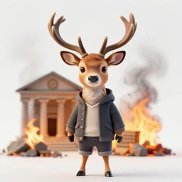 an anthropomorphic deer wearing clothes while a bank burns behind him, award winning photography 4K trending on artstation