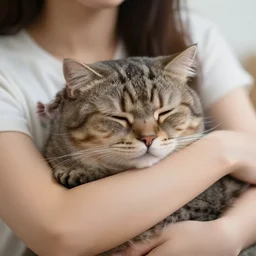 cat sleeping in women ’ s arms