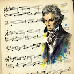 haunted music sheets by beethoven and kandinsky, hyper detailed, stained paper, clear calligraphic musical notes, splashes of color
