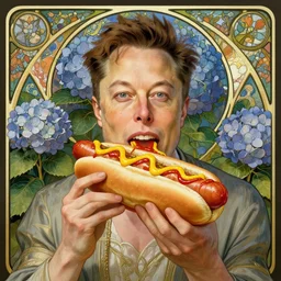 art nouveau queen of garden hydrangea, elon musk eating a hotdog, mustard, ketchup, manga cover style, portrait, headshot, d & d, fantasy, highly detailed, digital painting, artstation, concept art, sharp focus, illustration, art by artgerm and greg rutkowski and alphonse mucha