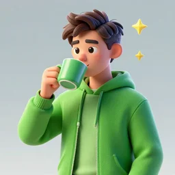 portrait of a ( ( ( grande y verde una taza de cafe lleno de estrellas y magia ) ) ), ( ( dotado futuristic guapo y joven espanol ) ), drinking coffee, 3 d photorealistic, concept character, by filip hodas, trending on artstation