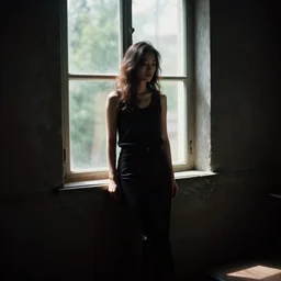 a beautiful photograph of a woman standing in a dark room next to a window on a sunny day, dramatic composition