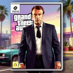 Emmanuel Macron in Grand Theft Auto 5 cover art, epic, 4k resolution, extremely detailed, very sharp, artstation, digital art, vibrant,