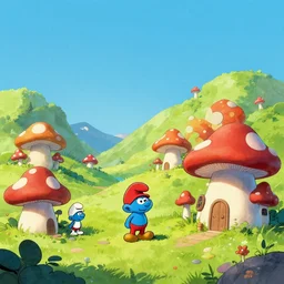 fairytale landscape with mushroom houses from the smurfs comic in the style of wimmelbilder, john bauer's troll as gargamel walks through it