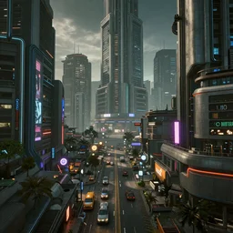 Cyberpunk 2077 ingame city, 3d, ultra realistic and intricate detailed photograph, innovation, modern style, artstation, unreal render, depth of field, ambient lighting, award winning, stunning