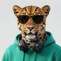 a photorealistic digital illustration of a leopard wearing black sunglasses, dressed in a teal green hoodie with headphones around his neck. hyper detailed. this 4 k hd image is trending on artstation, featured on behance, well - rendered, extra crisp, features intricate detail, epic composition and the style of unreal engine.