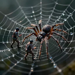 Tiny warriors fighting a spider on its web, dewdrops, macro, dramatic lighting, cinematic, establishing shot, extremely high detail, foto realistic, cinematic lighting, post processed, concept art, high details, cinematic, 8k resolution, beautiful detailed, photorealistic, digital painting, artstation, concept art, smooth, sharp focus, artstation trending, octane render, unreal engine