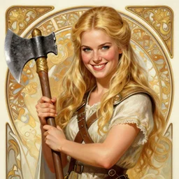 an ultradetailed picture of blonde viking woman holding a battleaxe and smirking, 1 9 8 0 s rom com, fantasy, intricate, elegant, highly sharp focus, illustration, digital painting, smiling playfully, 8 k, artstation, fine detail, art by frank frazetta, john collier, albert aublet, frank herbert, artem demura, and alphonse mucha