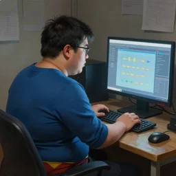 an insanely detailed painting of a slightly chubby, nerdy asian man wearing a superhero costume, sitting at a desk, staring at the nervously at the computer and typing, in the style of peter mohrbacher, dramatic lighting and composition, octane render, trending on artstation, concept art, comic book, view from behind