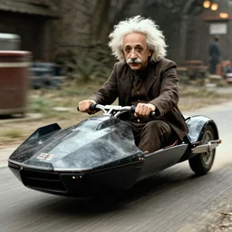 Albert Einstein driving a Star Wars Speeder bike