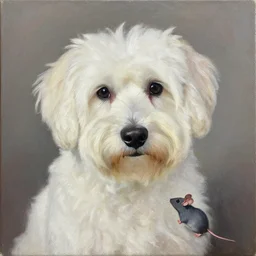 portrait of white dog and mouse, oil on canvas painting