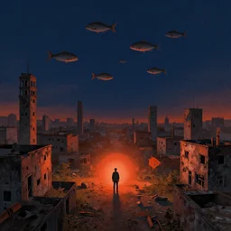 abandoned city + a lone man + (((school of fish flying in the sky))) + (((habitat 67))), Mads Berg, Karolis Strautniekas, film noir, textured light, dramatic lighting,editorial illustration, detailed,fine texture, matte print, dark blue + dark orange, red, black, extreme perspective, volumetric light