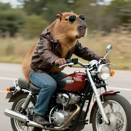 a capybara wearing sunglasses and a leather jacket riding a motorcycle, in the style of a 1970s magazine cover