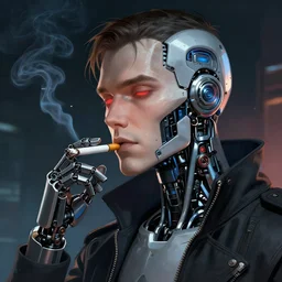 portrait of a robotic man smoking a cigarette, cyberpunk, detailed artwork trending on artstation by greg rutkowski