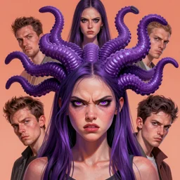art portrait of a furious girl with purple tentacles on her head, 8 k, by tristan eaton, stanley artgermm, tom bagshaw, greg rutkowski, carne griffiths, trending on deviantart, face enhance, hyper detailed, full of colour,