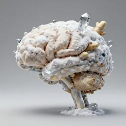 sculpture of snow and ginger!!! fused with various crystals in the shape of a low - poly excerpt of incoherent thought from a brain surrounded by water ornaments, neurological marvel, intricate detail, award winning, 4 k, 3 2 mm photograph, studio lighting