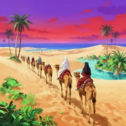 anime muslims journeying across an enchanted isekai desert ocean on camel through a lush oasis, heatwaves anime aesthetic, bright purple and red sky