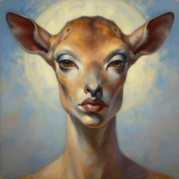 detailed portrait in radical femininity, realistic face sculpted features, ethnic, exotic, deep clear eyes, statuesque gazelle, utopian, optimistic futurist, chiaroscuro, tangible, warm glowing skin, radiant, atmospheric, backlight, skydome backdrop, contemporary, new wave fashion, natural colors, oil on canvas
