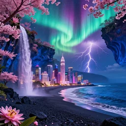 cyberpunk luxurious small city on holokalani black beach of maui in royal blue antelope canyon during sakura season on an interstellar aurora borealis with heavy thunder and lightning, pink waterfalls, passion flower, by peter mohrbacher, james jean, james gilleard, greg rutkowski, vincent di fate, rule of thirds, octane render, beautiful landscape