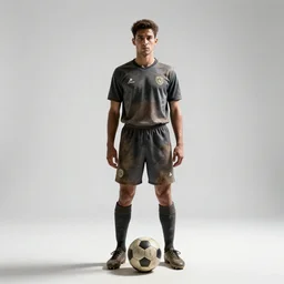 weathered soccer player with ball, studio photography, full body, standing, isolated on a pure white background, centered, whole figure in frame, sharp focus, studio lighting