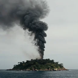 a pillar of black smoke flying above an island, 8 k, realistic, cinematic, metaphor, analogy, photorealistic - n 8