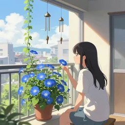 a girl sit in engawa and looking at a flower, anime key visual, medium shot, a pot of blue morning glories with long vines is blooming on the balcony of an apartment building. three wind chime hangs by the window. outside, the summer sky and a japanese city can be seen. highly detailed, digital painting, artstation, concept art,