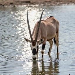 ultra realistic nature photography, panoramic picture of ( subject : a beisa oryx drinking at a water hole ). wavy, scattered light entering from the water surface, artstation, focus on the beisa oryx, extremely hyperrealistic crisply sharp oryx, 8 k