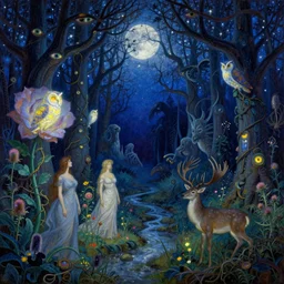 painterly dreamy Kupala Night in the blue night forest with trees which have eyes, giant flowers, glowing owls, deers, beautiful women, lianas, thistles, giant fantasy creatures, a stream and sky with moon and stars by Alphonse Mucha, dark fantasy, very detailed oil painting in the alla prima style, volumetric lighting, masterpiece, 8k
