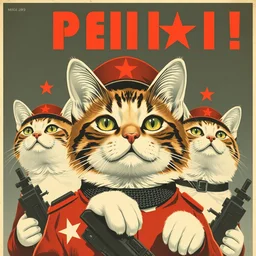 soviet propaganda poster of militarized cats