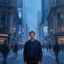 hyperrealistic and beautiful painting of a man standing on a crowded city street, lofty buildings, classical architecture, technological lights, screens, cyberpunk style, 8 k resolution, by hugh ferris and john smith, polished, fine detail, intricate, blue color scheme, cyberpunk style, smooth, octane, concept art, trending on artstation