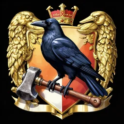 mythical crow of wisdom with full colour on sheild, family crest, coat of arms, very detailed, anime manga, perched on a hammer, symmetrical, full frame, dramatic shading, jonathan pointer, janie penny,