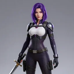 gender : female, race : human, clothes : combat suit, weapon : sword, eye color : violet, hair color & style : shoulder - length, deep violet, body type : slender, skin tone : light, job : knight, made by stanley artgerm lau, wlop, rossdraws, artstation, cgsociety, concept art, cgsociety, octane render, trending on artstation, artstationhd, artstationhq, unreal engine, 4 k, 8 k,