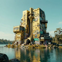 photo hyper realistic concept architecture art house solarpunk in the funny big lake, style futuriste brutalism graffiti, gold and black turquoise ratio octane render excellent composition style alphosne mucha