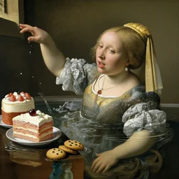 a woman drowning in cakes and cookies, by Jan van Eyck