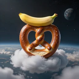 a pretzel with a banana hat, floating on a cloud in outer space, photo