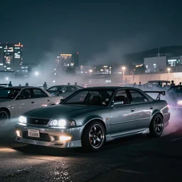 a car JZX100 twin turbo drift at illegal car meet, Kanagawa prefecture, city midnight mist lights, cinematic lighting, photorealistic, highly detailed wheels, high detail