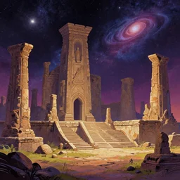 ancient ruins in the universe, epic retrowave art, trending on art station