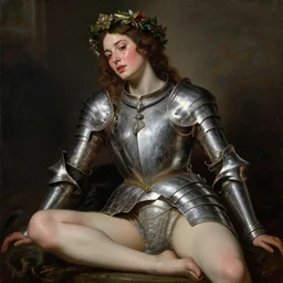 blushing, sweating, seductive saoirse ronan, wearing silver armour, posing seductive, looking seductively, ornate wreath, legs, oil painting by titian, hard focus