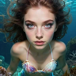 Candace Owens as a mermaid with a piercing gaze wearing a shell bikini in an underwater magical forest, highly detailed face, realistic face, beautiful detailed eyes, fantasy art, in the style of artgerm, illustration, epic, fantasy, intricate, hyper detailed, artstation, concept art, smooth, sharp focus, ray tracing, vibrant, photorealistic