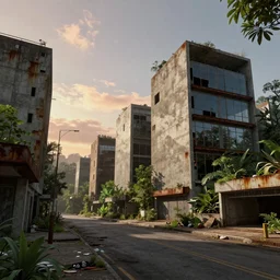 a street view of monolithic buildings, simple brutalist architecture, abandoned, empty streetscapes, surrounded by lush green jungle, ground-level view, natural volumetric lighting, sunset, rusted steel, solid concrete, glass, stunning skies, scattered rubbish and debris, 8k, photorealistic, hyper detailed, unreal engine 5, IMAX quality, cinematic quality, beautifully illustrated, sharp focus, minimal artifacts, from DOOM, by Greg Rutkowski, trending on Artstation, award winning