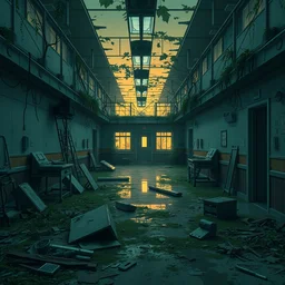 a stylized 2 d cinematic keyframe of a post - apocalyptic hospital interior at dawn covered by nature, debris, abandoned, joy gaze, cel - shaded, classical animation, edge - to - edge print, rendered by studio ghibli, artgerm, alyssa monks, andreas rocha, david kassan, neil blevins, rule of thirds, golden ratio, ambient lighting, artgerm